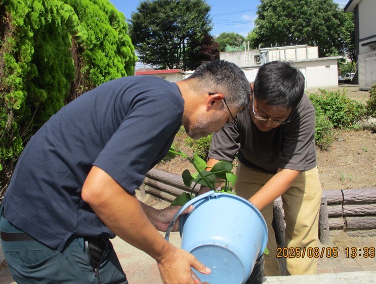 陽だまりの池で作業中