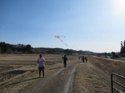 芋沢川沿いで凧を揚げています。